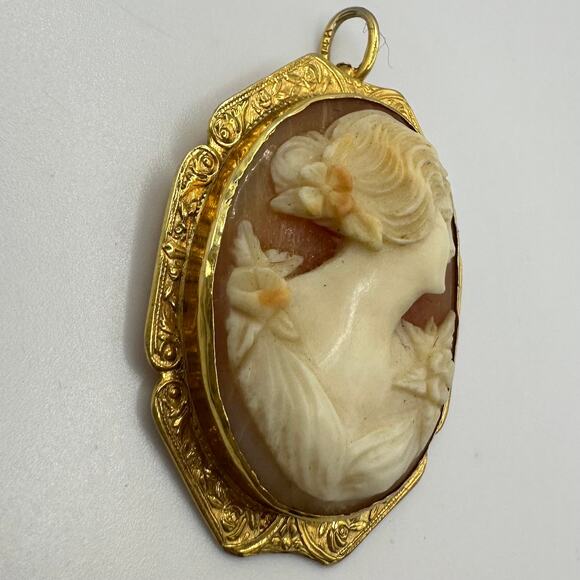 Antique Edwardian 1900s 1910s solid 14kt yellow gold carved shell cameo pendant - Picture 4 of 9